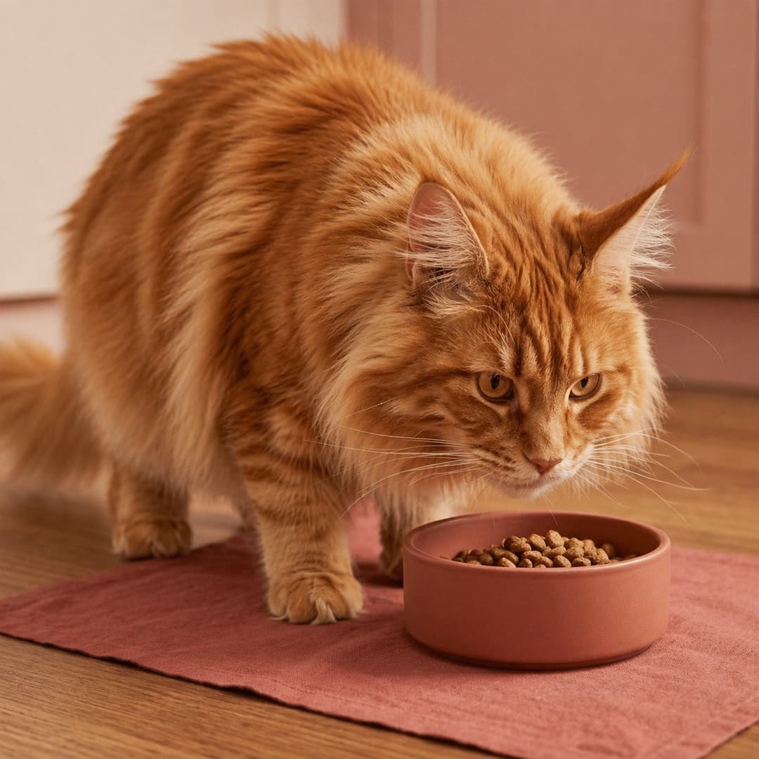 Chat roux Maine Coon mangeant dans sa gamelle - Alimentation Animouf