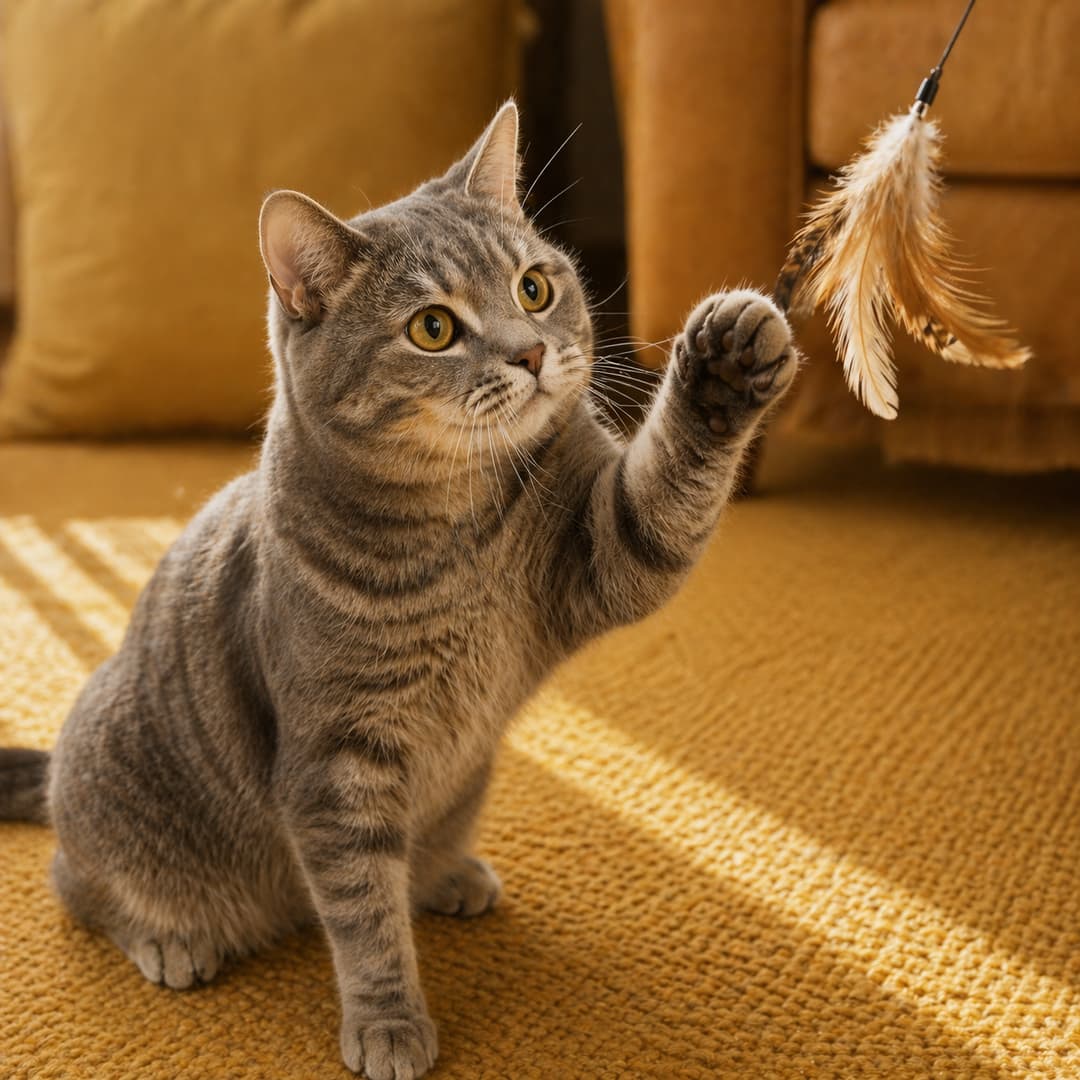 Chat tabby gris jouant avec un plumeau sur un tapis moutarde - Jouets Animouf