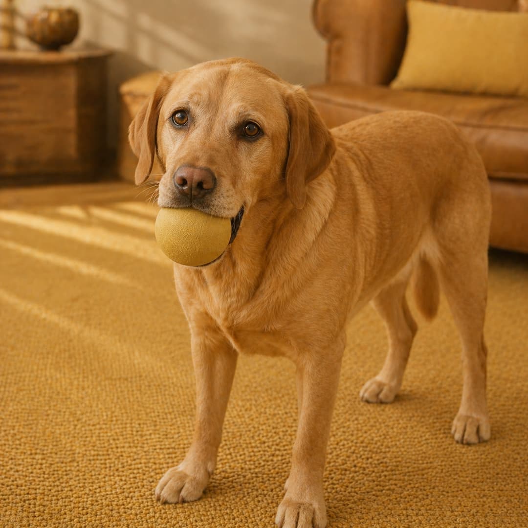 Labrador honey-coat tenant une balle - Jouets Animouf