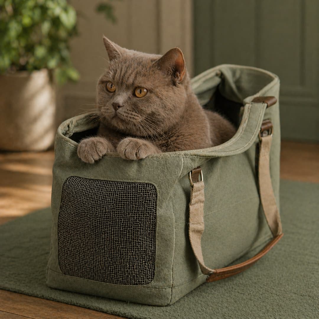 Chat British bleu dans un sac de transport vert sage - Transport Animouf