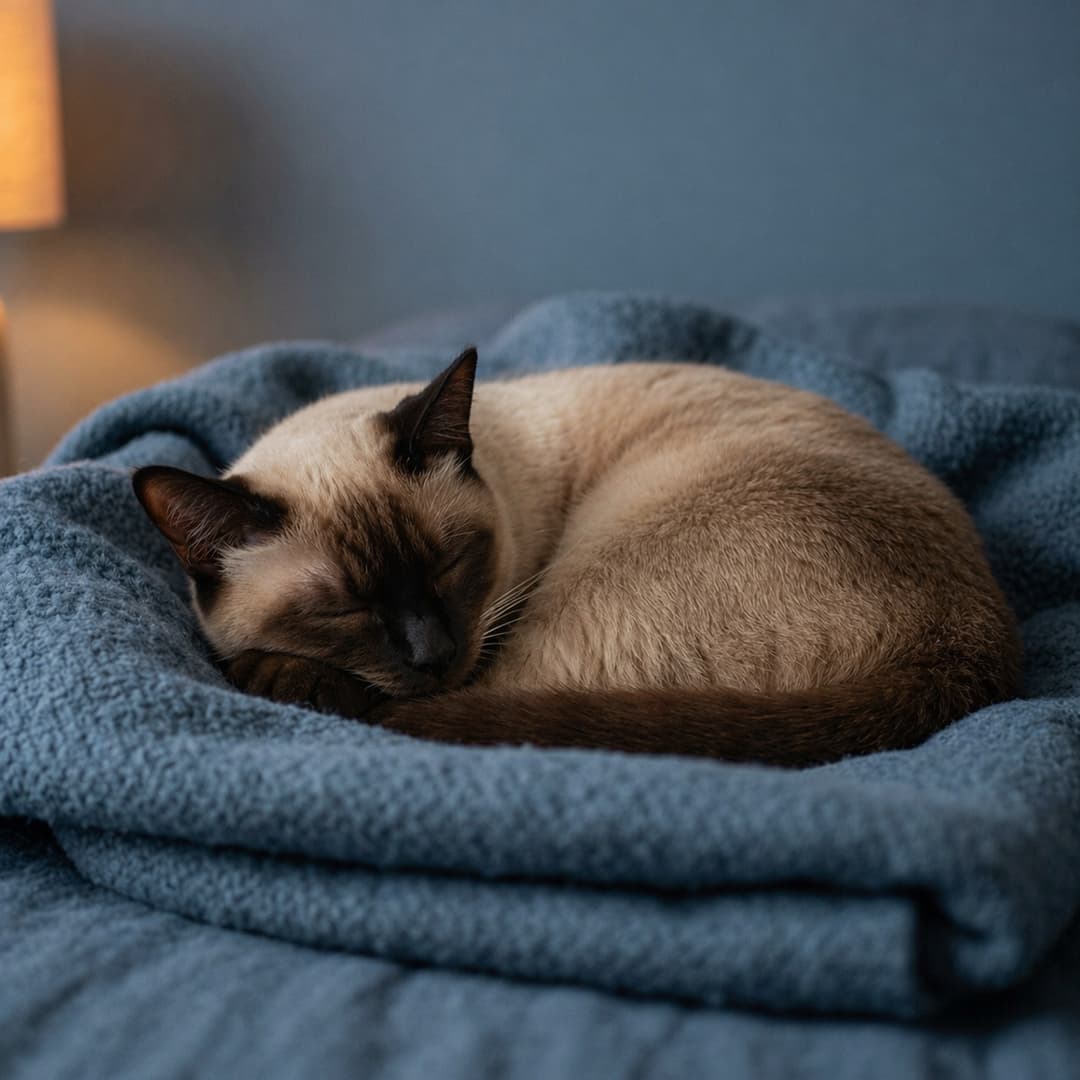 Chat Siamois endormi en boule sur un plaid bleu ardoise - Sommeil Animouf