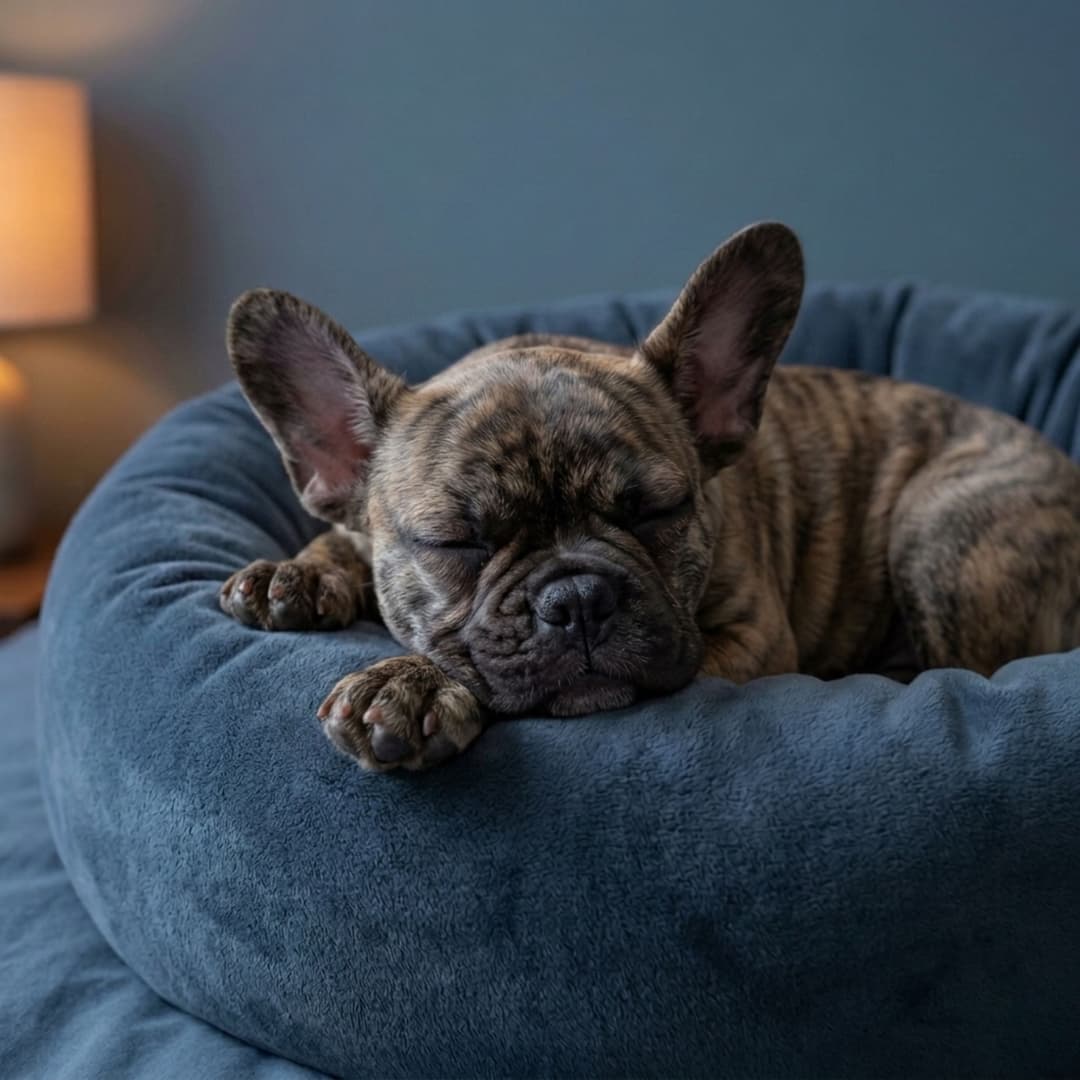 Bouledogue français endormi dans son panier bleu ardoise - Sommeil Animouf