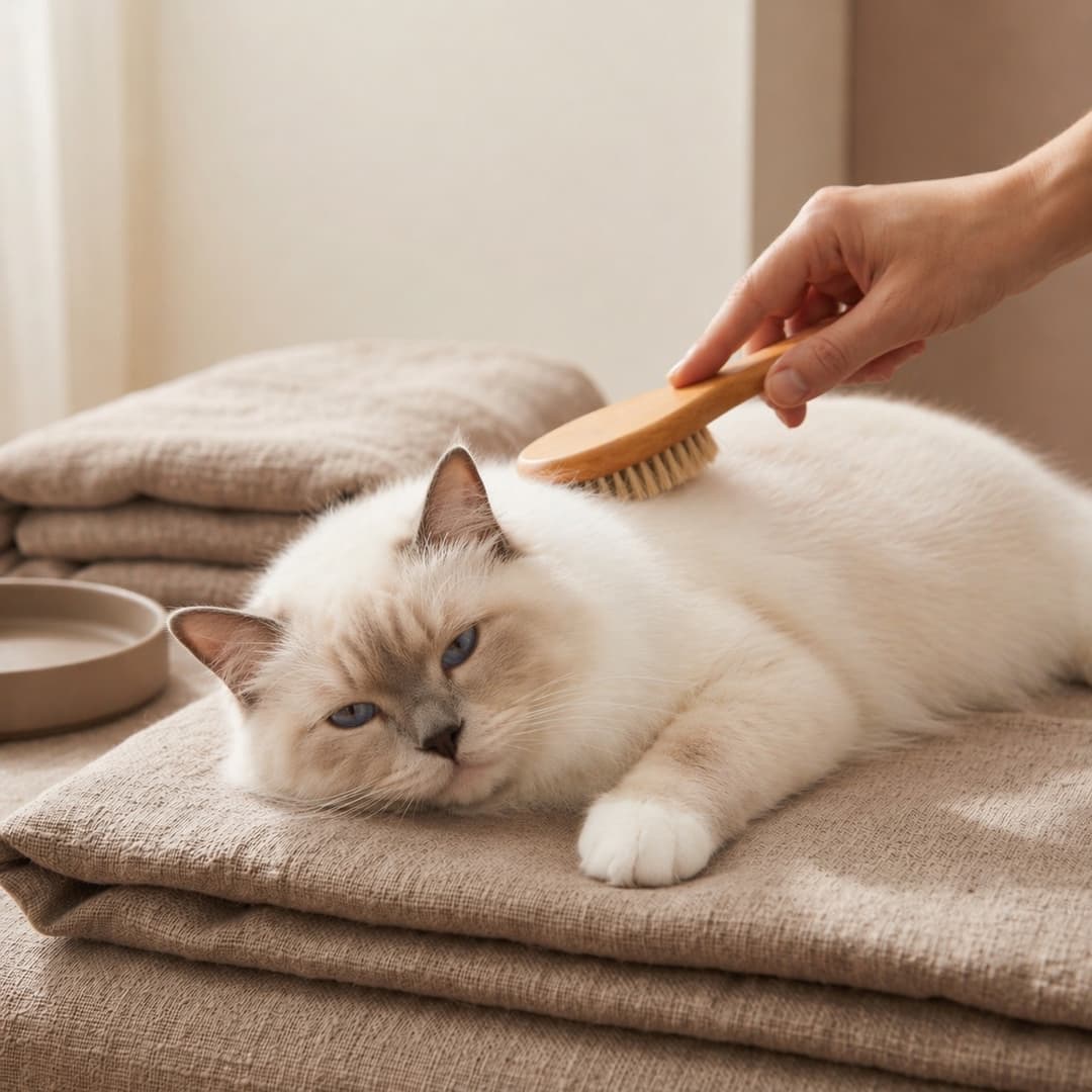 Chat Ragdoll se faisant brosser sur un plaid beige - Toilettage Animouf